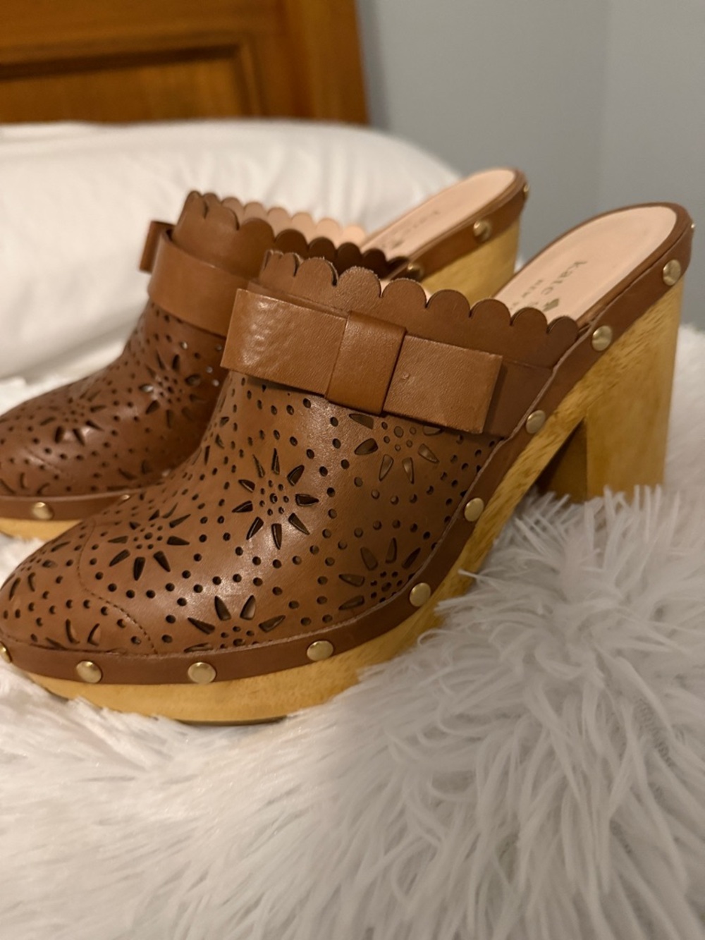 kate spade Calla Brown Perforated Leather Scallop-Trim Clog Mules